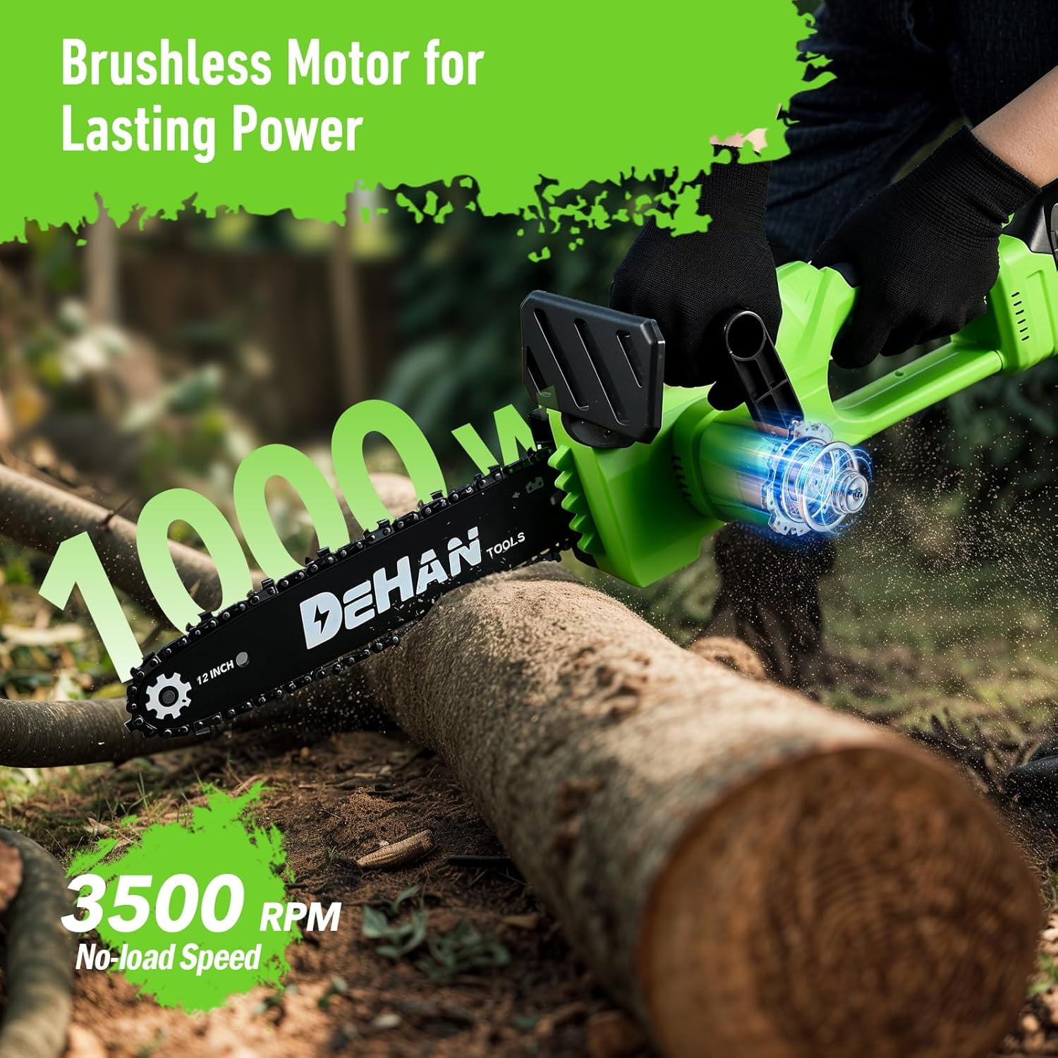 DEHANTOOLS 12 inch Cordless Chainsaw Brushless Chain saw 1000W Motor with 2 × 4.0Ah Batteries & 2 Guide Bars, 3 Chains, Lightweight Electric Handheld Saw for Tree Trimming, Wood Cutting, Pruning