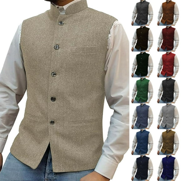 BinBiL Men's Solid Color Casual Stand Collar Single Breasted Pocket Stitching Vintage Slim Vest Wine XS(XS)