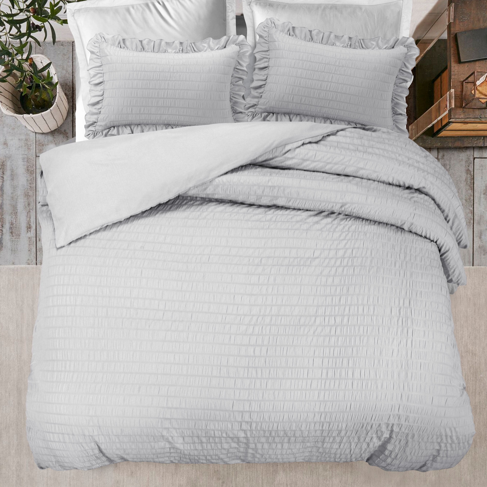 Unique Bargains Microfiber 3 Pieces Seersucker Duvet Cover Set Queen Light Grey
