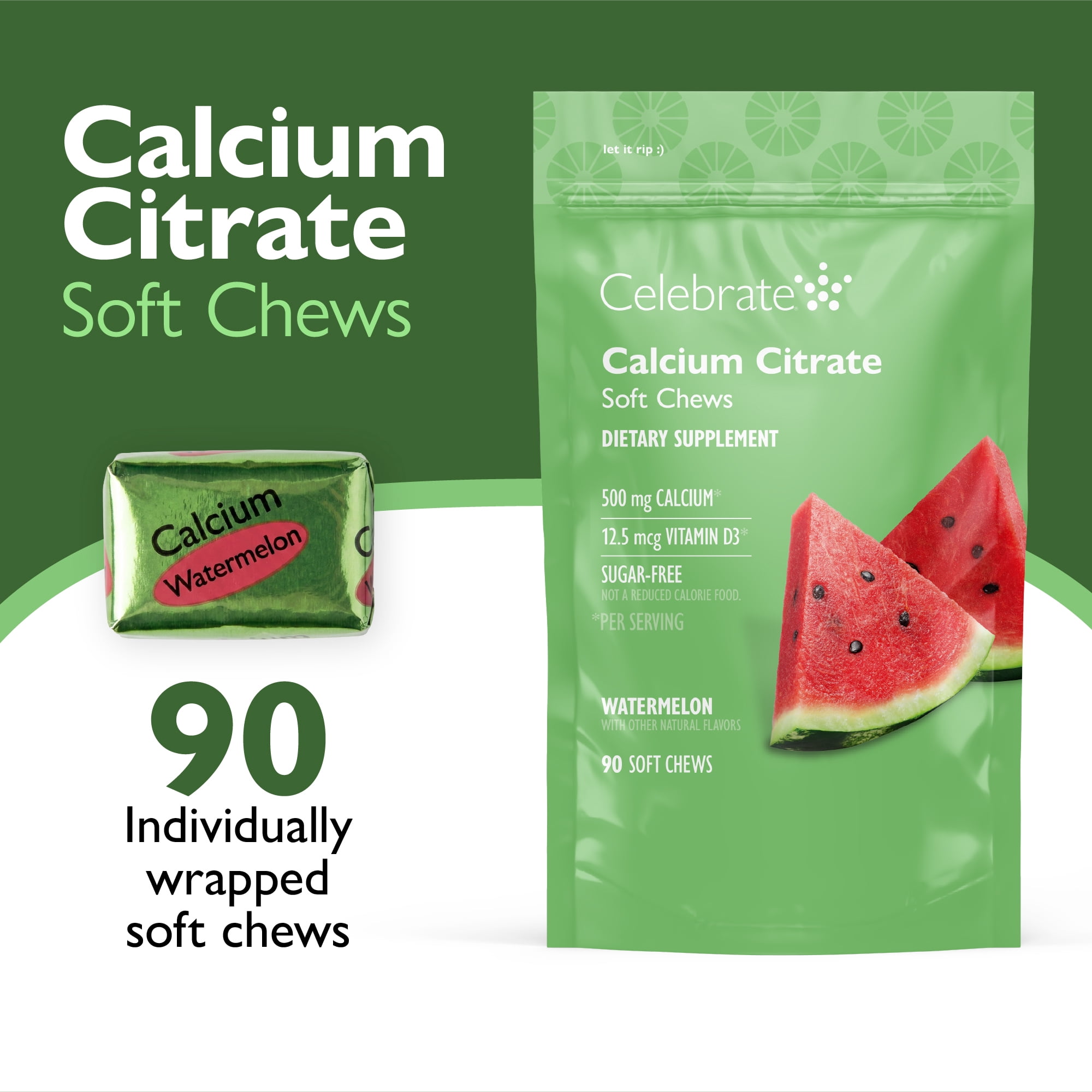 Celebrate Vitamins Calcium Chews, 500 mg Calcium Citrate with Vitamin D, Watermelon, 270 count