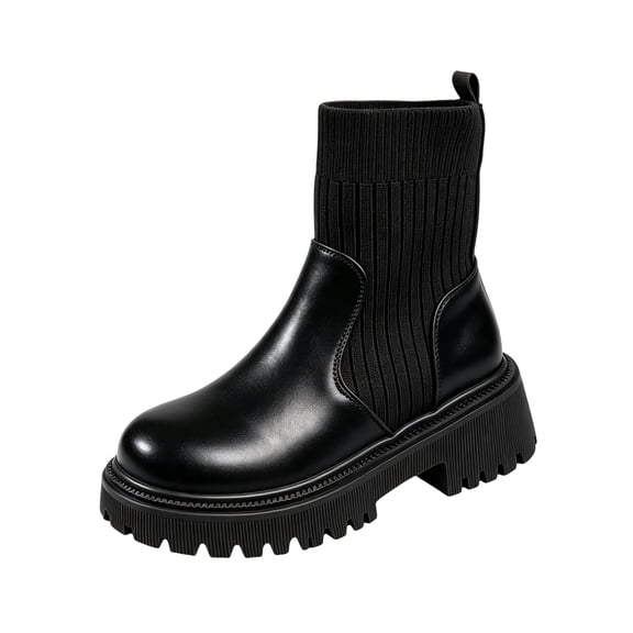 QWKLEAJ Women's Platform Chelsea Sock Boots, PU Leather & Stretch Knit Slip‑On Booties, Round Toe Thick Lug Sole, Fashion Chunky Ankle Boots for Fall Winter Office & Daily Wear Black 8.5