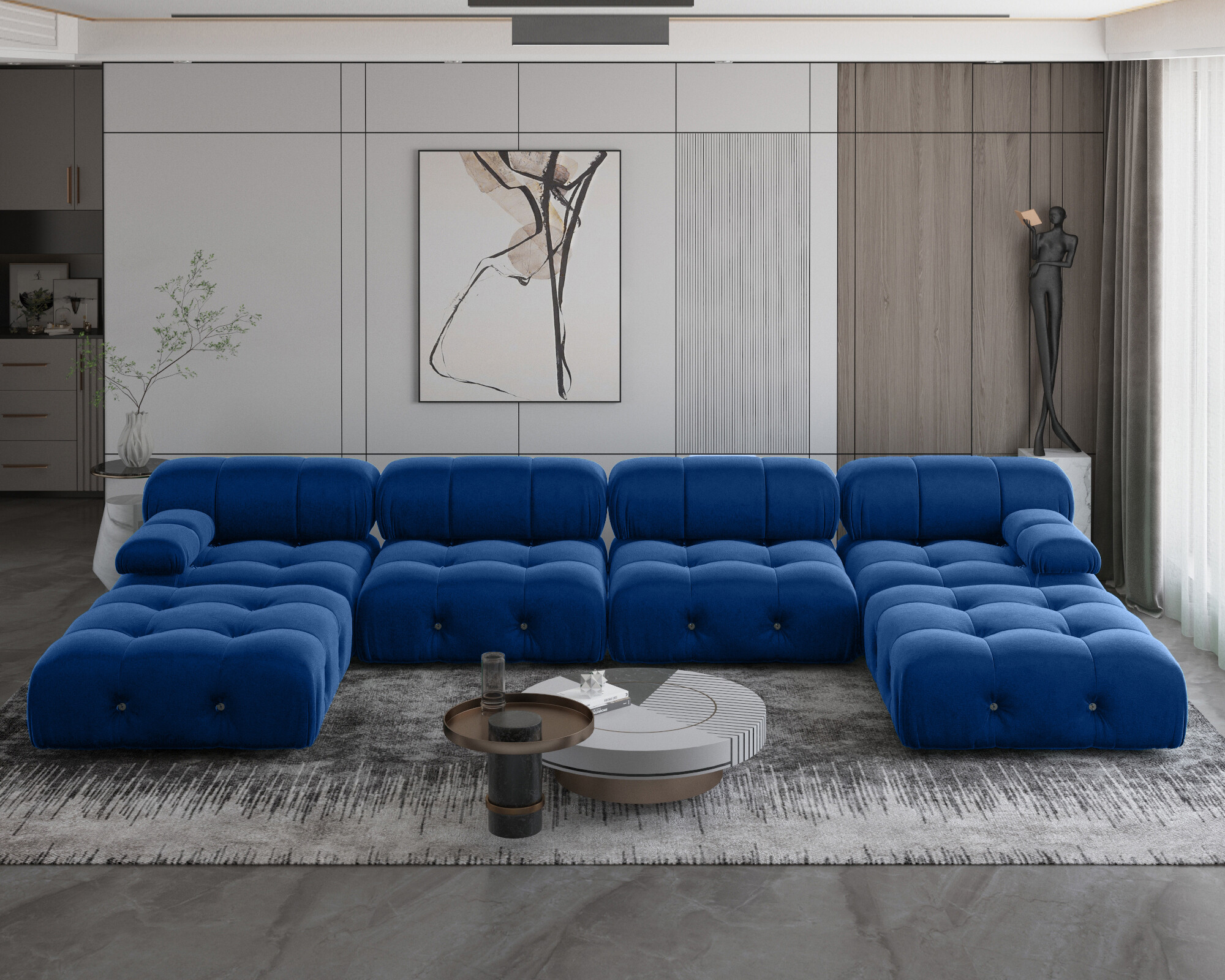 Sodrens Sectional Sofa,U-Shaped Modular Couch with Ottomans,Modern Velvet Sofa Set for Living Room,Blue