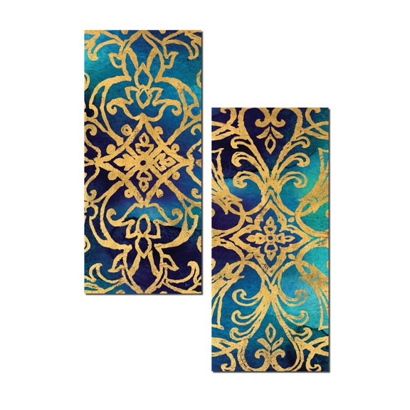 Beautiful Teal and Gold Decorative Pattern Poster Panel Set by Jess Aiken; Two 8x18" Paper Posters