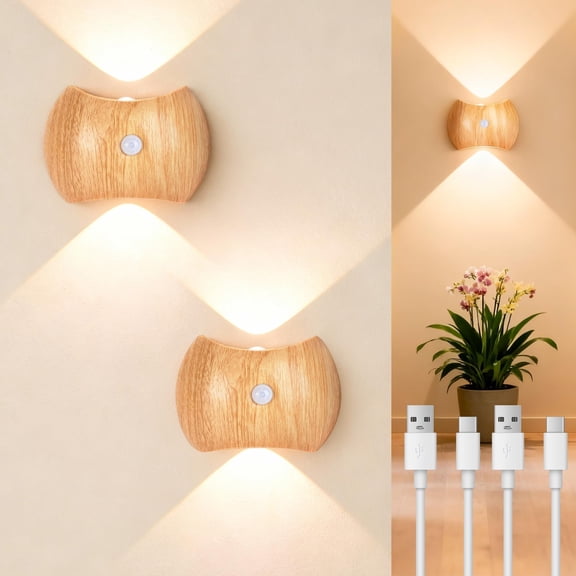 Motion Sensor Wall Lights Indoor - Rechargeable Wall Lights Up & Down, Wireless Battery Operated Wall Sconce Set of 2 for Bedroom, Hallway, Stair, Living Room Decor, Wood Cordless Magnetic Lamp Light