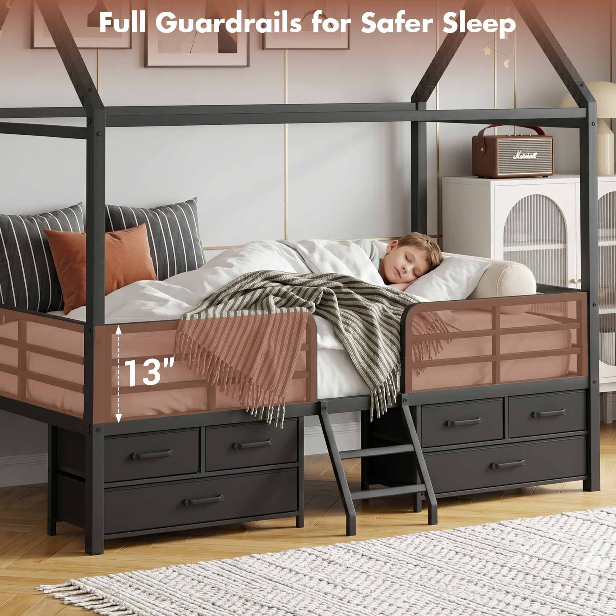 Miniyam Twin House Bed Frame with 6 Storage Drawers and Star Moon Lights, Metal Platform Bed, Black