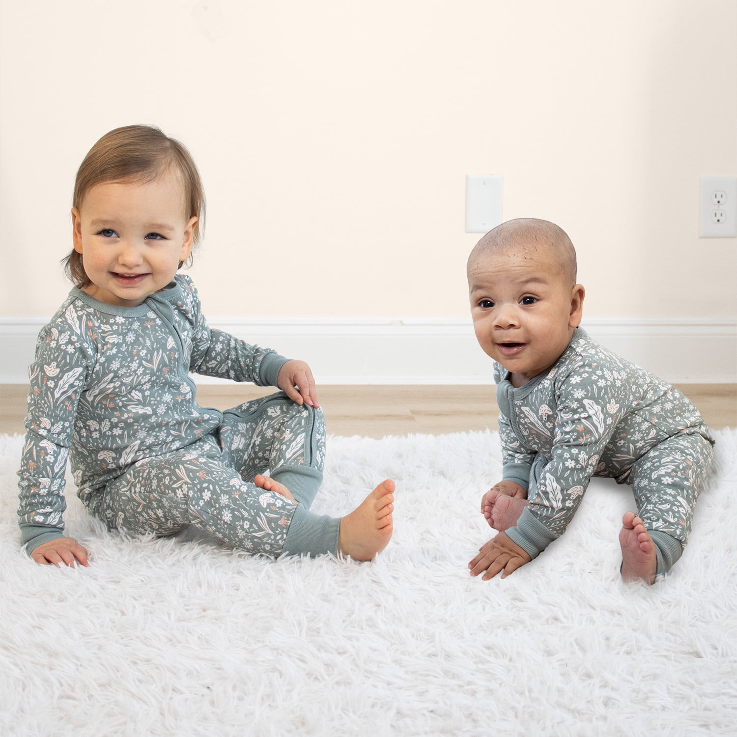 The Peanutshell Boho Meadow Baby Pajamas, Footless Baby Sleepers, Pink-Sage Green, 9-12 Months, 2-Pack
