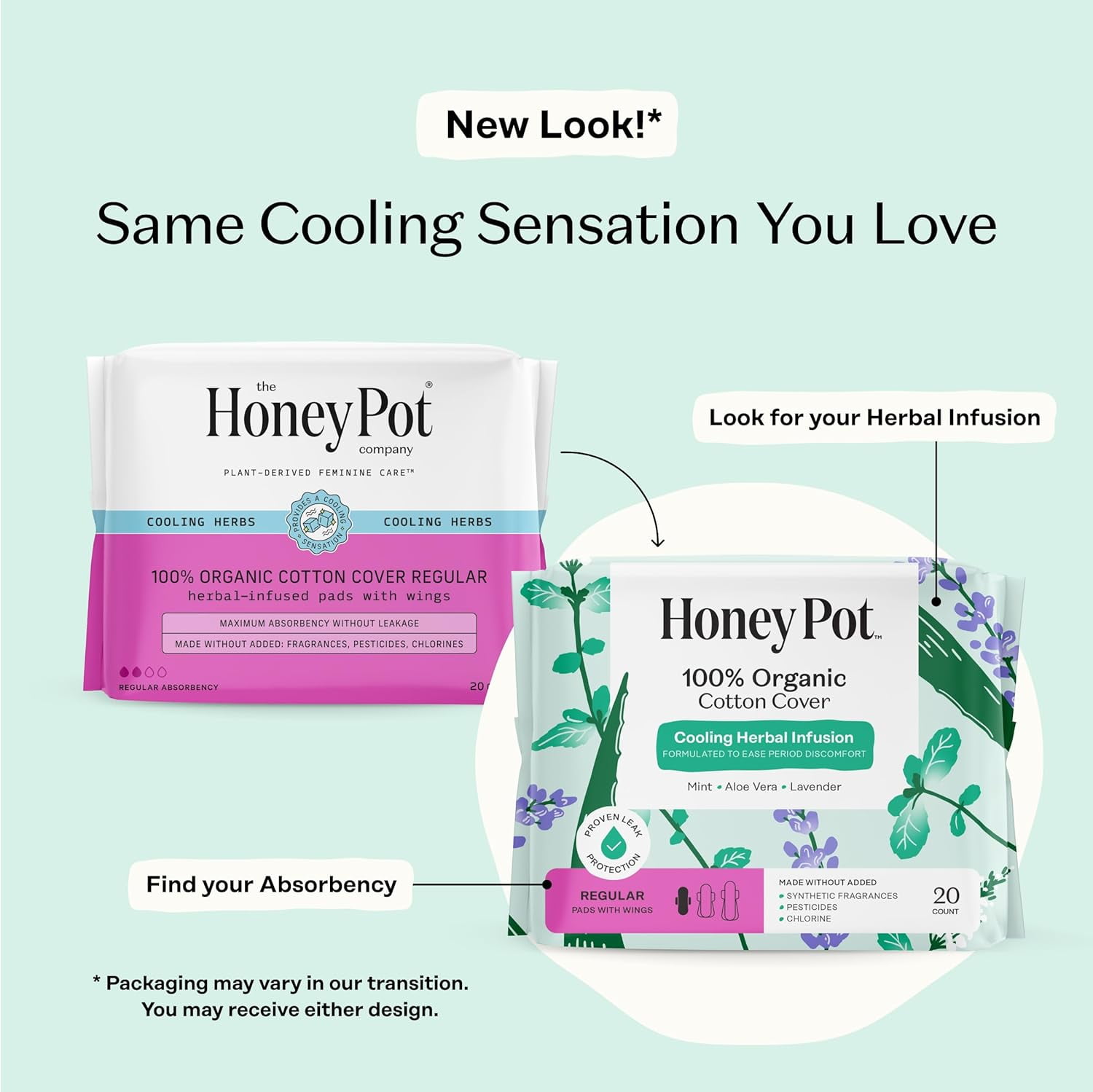 Herbal Sanitary Pads for Women - Regular Flow w/Wings - Infused w/Essential Oils for Cooling Effect & Organic Cotton Cover - Feminine Care - 20 ct
