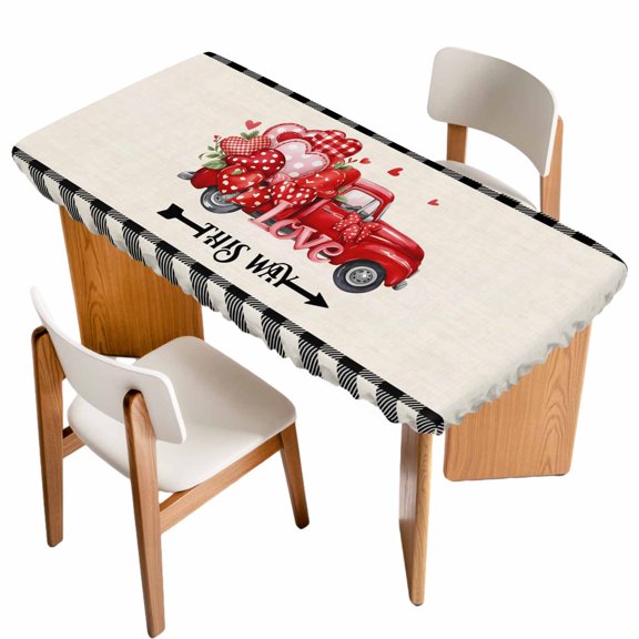 Valentine's Day Table Cloths for 6 Foot Rectangle Tables, Red Truck Loves Buffalo Plaid Romantic Beige Patio Waterproof Elastic Fitted Tablecloths, Washable Rectangular Table Cover for Camping