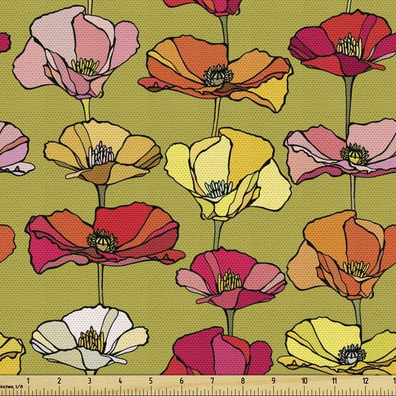 Ambesonne Poppy Flower Fabric by the Yard Upholstery, Vintage Flourishing, 3 Yards, Multicolor
