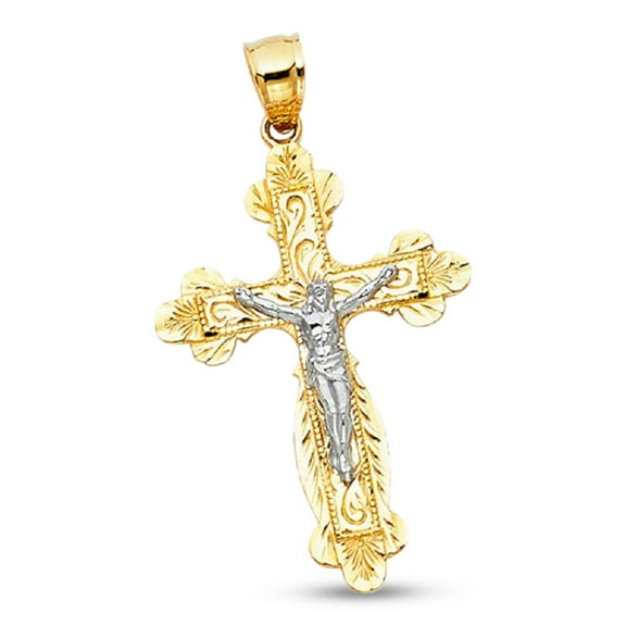 Jesus Cross Pendant Solid 14k Yellow White Gold Budded Crucifix Charm Two Tone Polished 31 x 22 mm