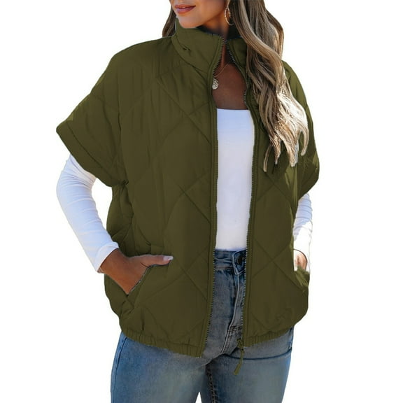 Women's Lightweight Quilted Vest Casual Short Sleeve Zipper Warm Outerwear