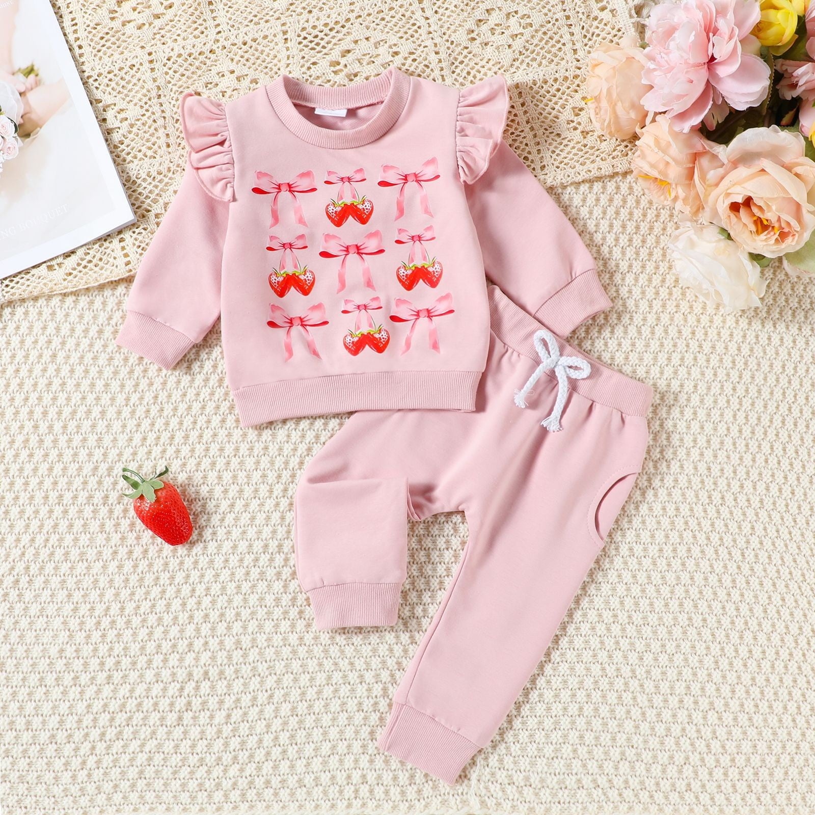 UACY Baby Girls 2 Piece Outfit Set with Strawberry Bow Print Ruffle Sweatshirt and Pants for Casual Daily Comfort (Pink 12-18 Months)