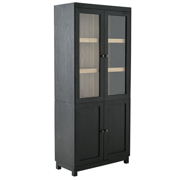S-HOME Mid-Century Modern Display Cabinet 74.5 Inch Black Curio Bookshelf with Glass Doors and Storage for Home and Office