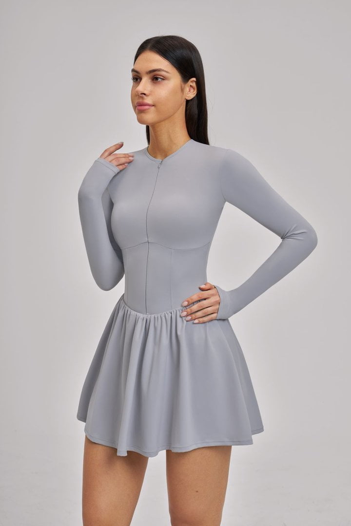PISONIC Women Tennis Dress Long Sleeve Athletic Outfit with Built in Shorts Mini Golf Workout Dress with Pockets