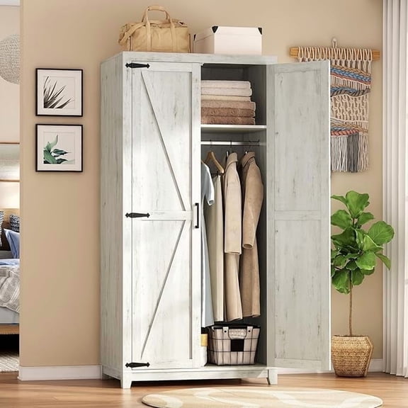 Papajet 70" Large Armoire Wardrobe Closet with Hanging Rod & Barn Doors, Distressed White
