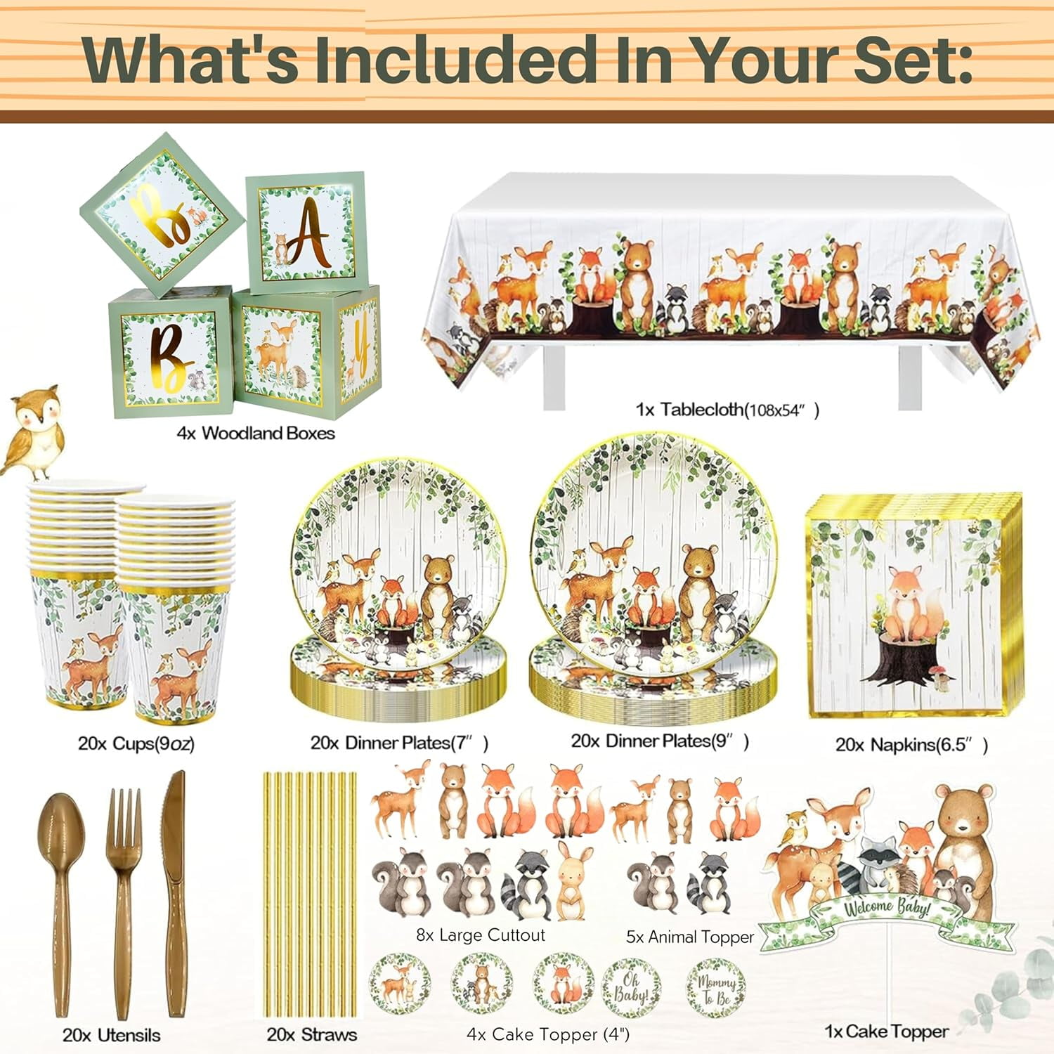 MEGA 257-Piece Woodland Baby Shower Decorations Kit for Boy & Girl, Gender Neutral Forest Animal Theme, Includes BABY Boxes, Banner, Backdrop, Balloon Garland, Tableware for 20 Guests