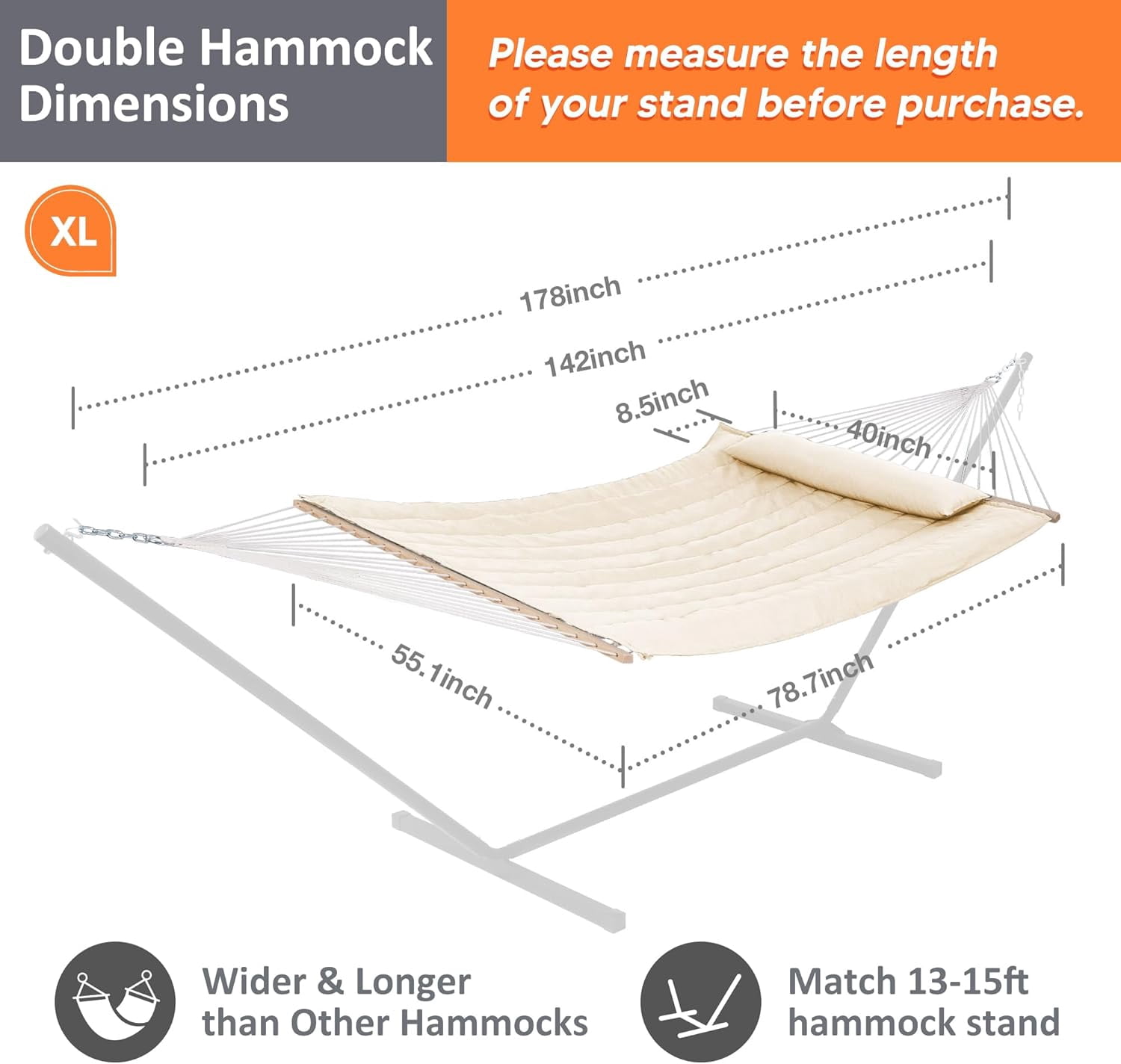 SUNCREAT 2 Person Hammock with Hardwood Spreader Bar, Outdoor Rope Hammock with Polyester Pad, 475 lbs Capacity, Beige
