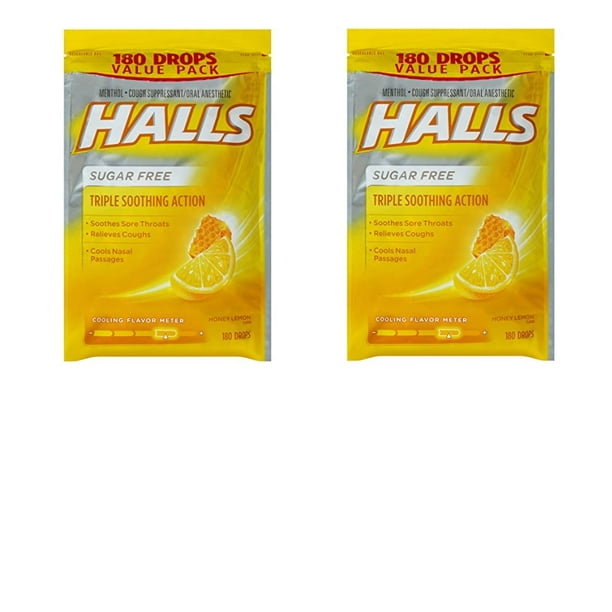 HALLS SugarFree Cough Drops, Honey Lemon, 2 Pack Of 180 Count Honey