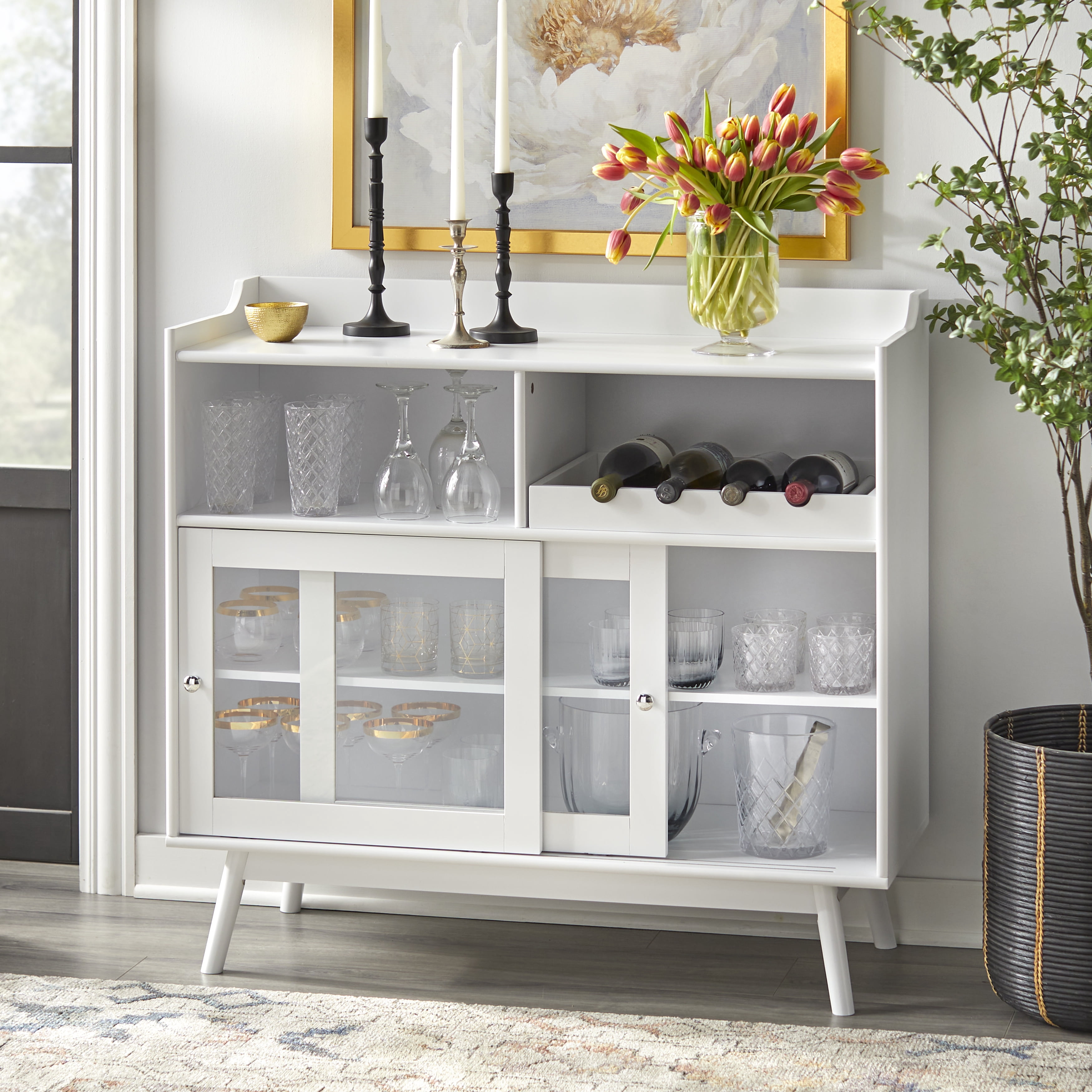 TMS Altura Bar Cabinet with Sliding Doors and Wine Rack, White