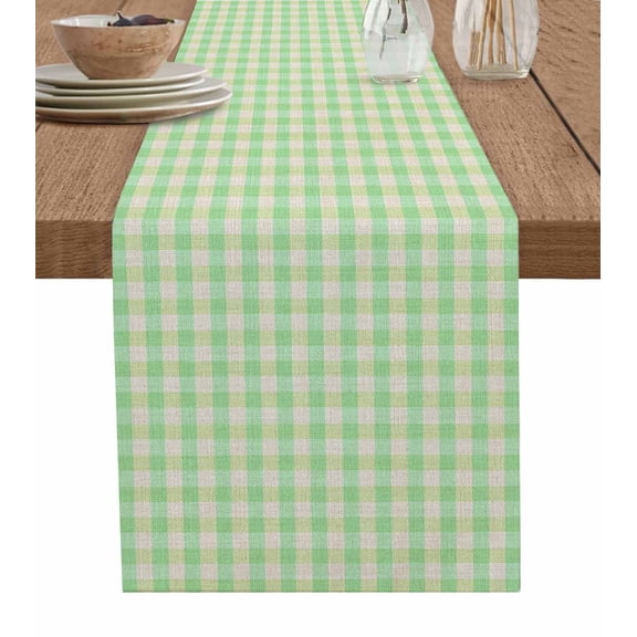 ERUNPONLY Sage Green Table Runner - 70 Inch Long Grid Checkered Plaid Gingham Lattice Trellis Cotton and Linen Blended Dress Scarves Farmhouse Table Runner for Kitchen Dining, Coffee Table, 13"x70"