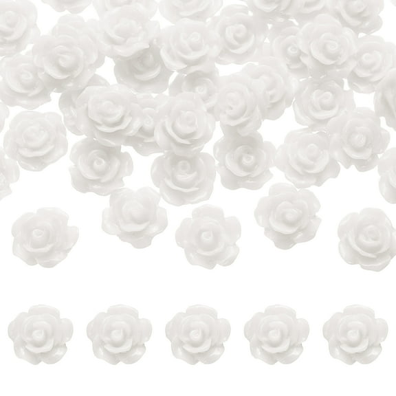 50 Pcs White Resin Rose Flower Beads, 10mm Flatback Flower Charm Opaque Carve Rose Beads No Hole