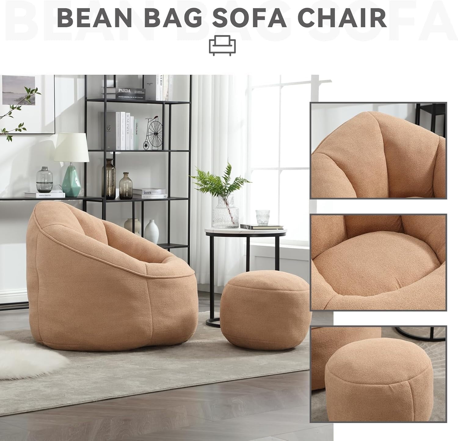 Bean Bag Chair for Adult,Microfiber Upholstered Sofa with Footstool Shell-Shaped Memory Foam Stuffed Lazy Sofa