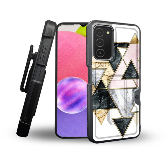 ANJ  Rugged Shockproof Holster Case Card Slot Kickstand   Tempered Glass Cover for Samsung Galaxy A03s - Marble Puzzle