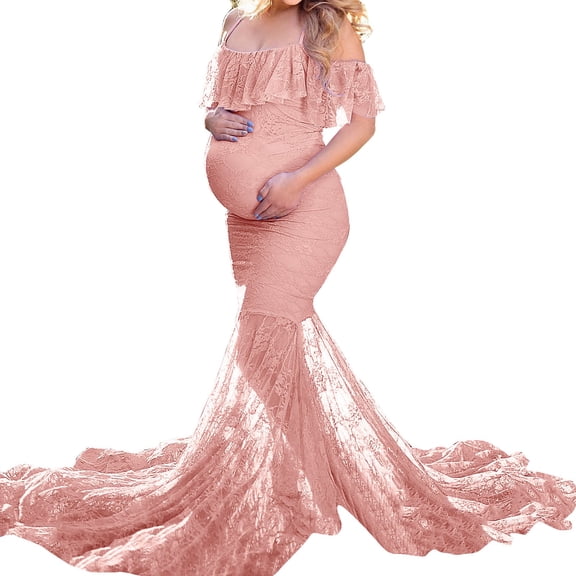 Vedolay Maternity Dress Casual Women Deep V Neck Short Sleeve Lace Bridesmaid Maxi Dress,Pink M