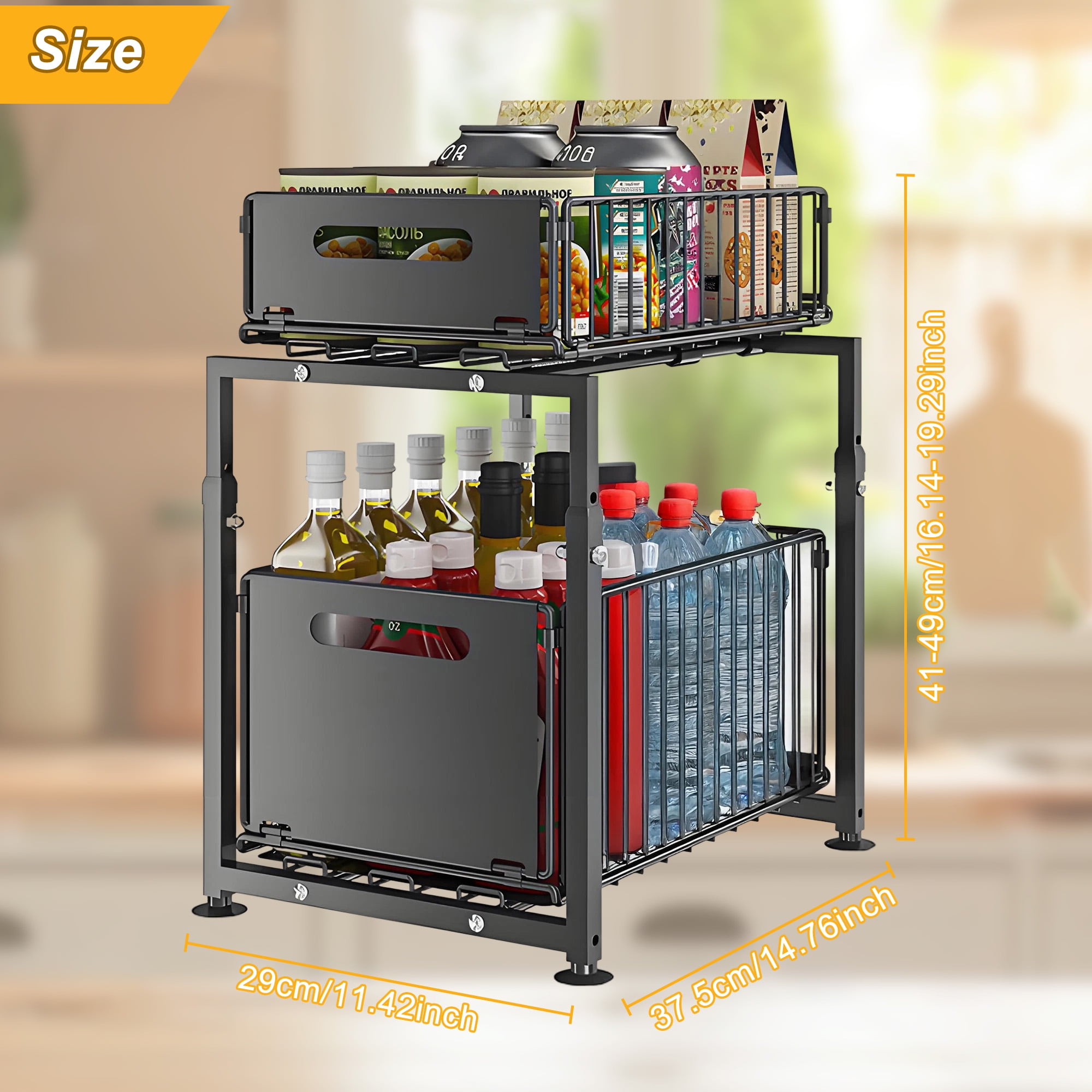 Storvive 2-Tier Under Sink Organizer, Carbon Steel Pull Out Cabinet Drawer, No-Drill Slide Out Storage for Kitchen Pantry Bathroom