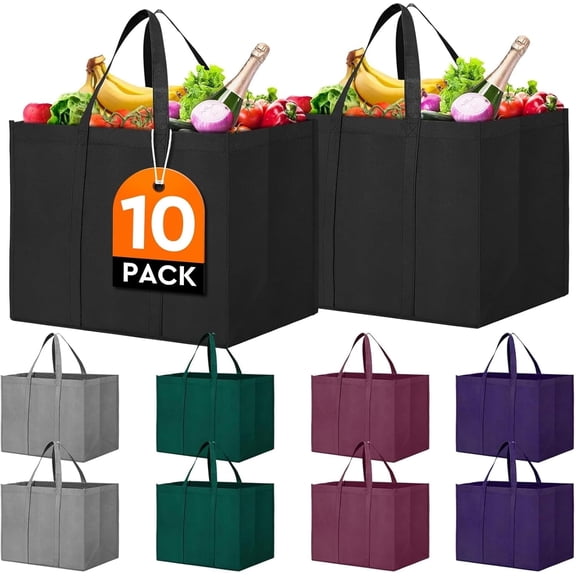 ZHIJYBO Reusable Grocery Shopping Bags 10 Pack Large Foldable Tote Bags Bulk, Foldable Heavy Duty Shopping Bags, Large Storage Reusable Non-Woven Fabric Tote Bag with Handles, 5 Colors