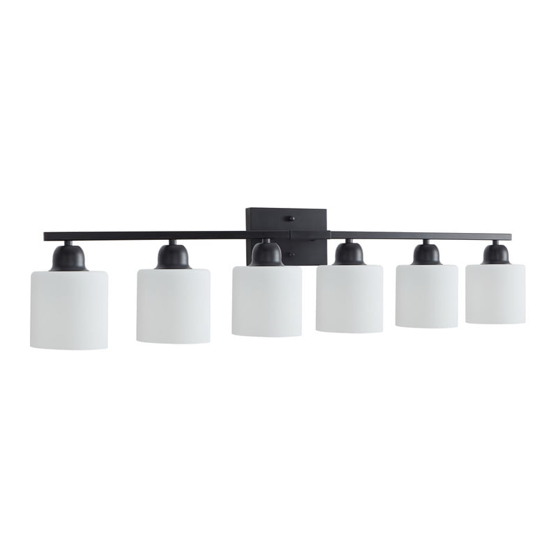 38" 6-Light Black Vanity Fixture - Modern Matte Bathroom Lighting for Mirror, Dimmable Wall Sconce with Milky White Glass Shades (Bulbs Not Included)