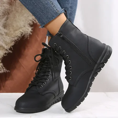 

Women‘s Ankle Flat Boots Solid Color Side Zipper Lace Up Faux Leather Shoes Women‘s Footwear