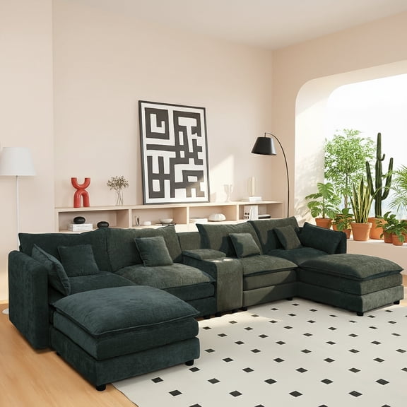 SOULART 144" Cloud Couch, Black-Gray U-Shaped Sectional Sofa for Living Room, Modern sofa with Ottoman, Storage Box & Cup Holders & Chenille Fabric