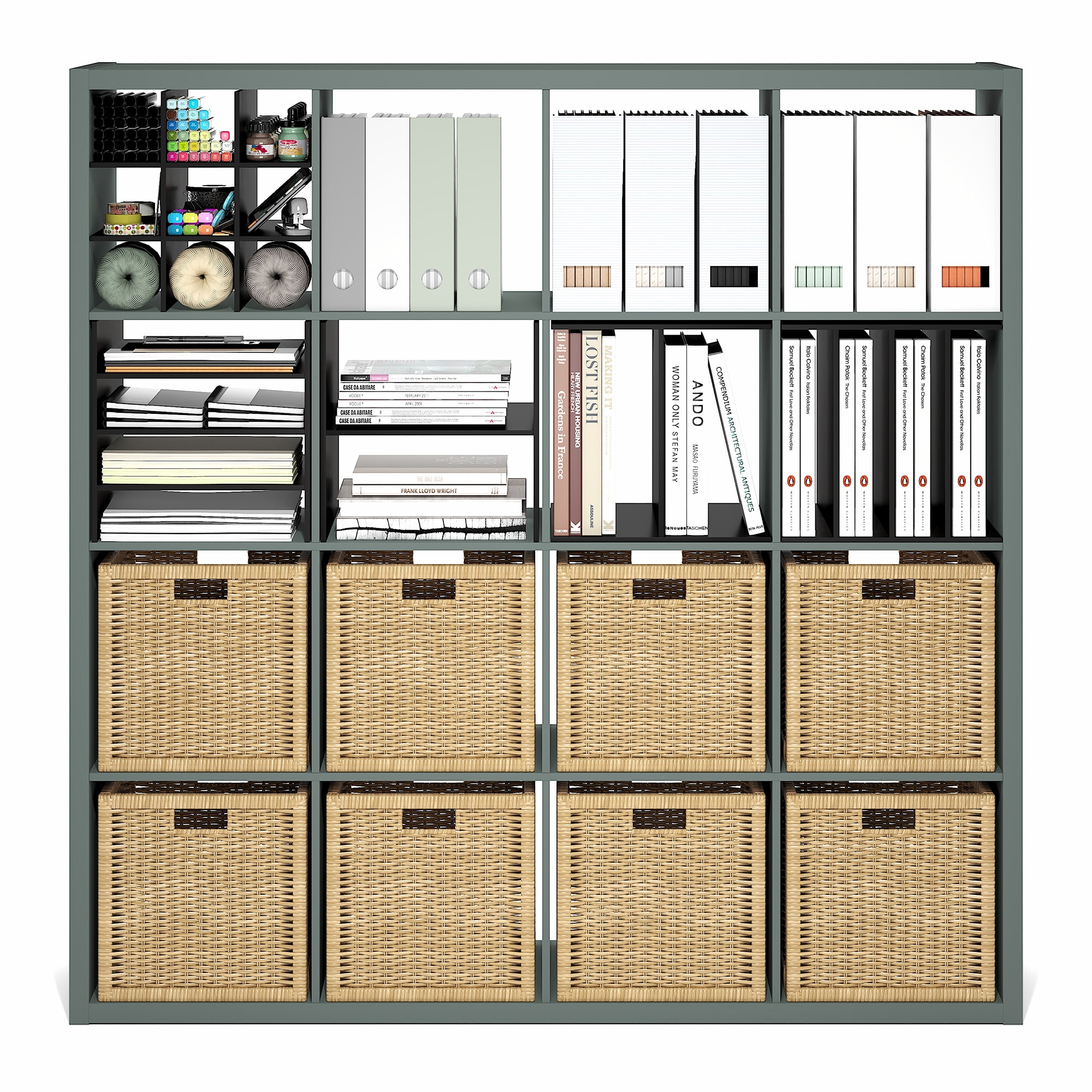 Furinno CUBICLE Book Shelf, 16-Cube Thick Frame Bookshelf, Reversible Bookcase with Open Back, 14.6 x 57.8 x 58, for Living Room, Bedroom, Home Office, Sage Green