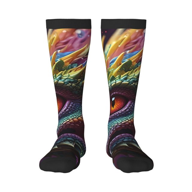 Xecao Colorful Dragon Head Profile Pattern Adult Stockings with Color-Block Design and 3D Print, Breathable Comfortable Hosiery for Daily Wear and Sports