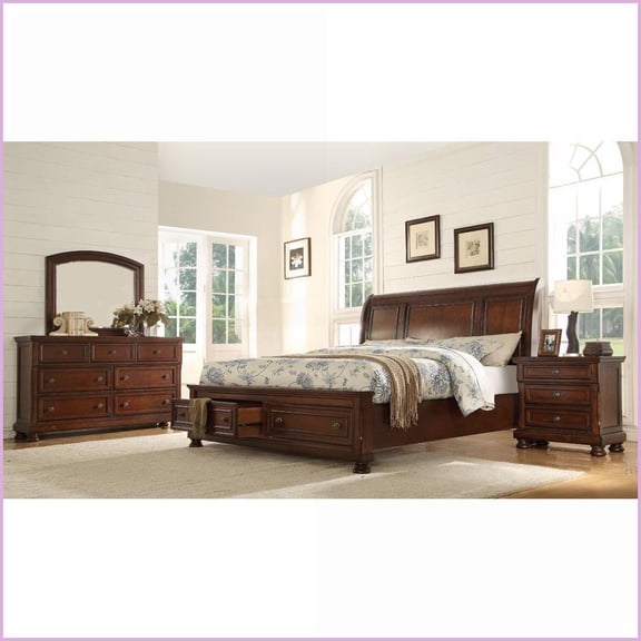 Bedroom Furniture Set Queen 4-Piece with Storage | Dark Walnut Wood | Double Dressers