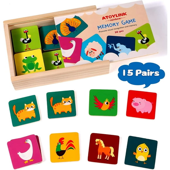 Matching Memory Games for Kids 3 and Up - 30pcs Cute Animal Wooden Matching Games Toddler Concentration Memory Game for Boys & Girls