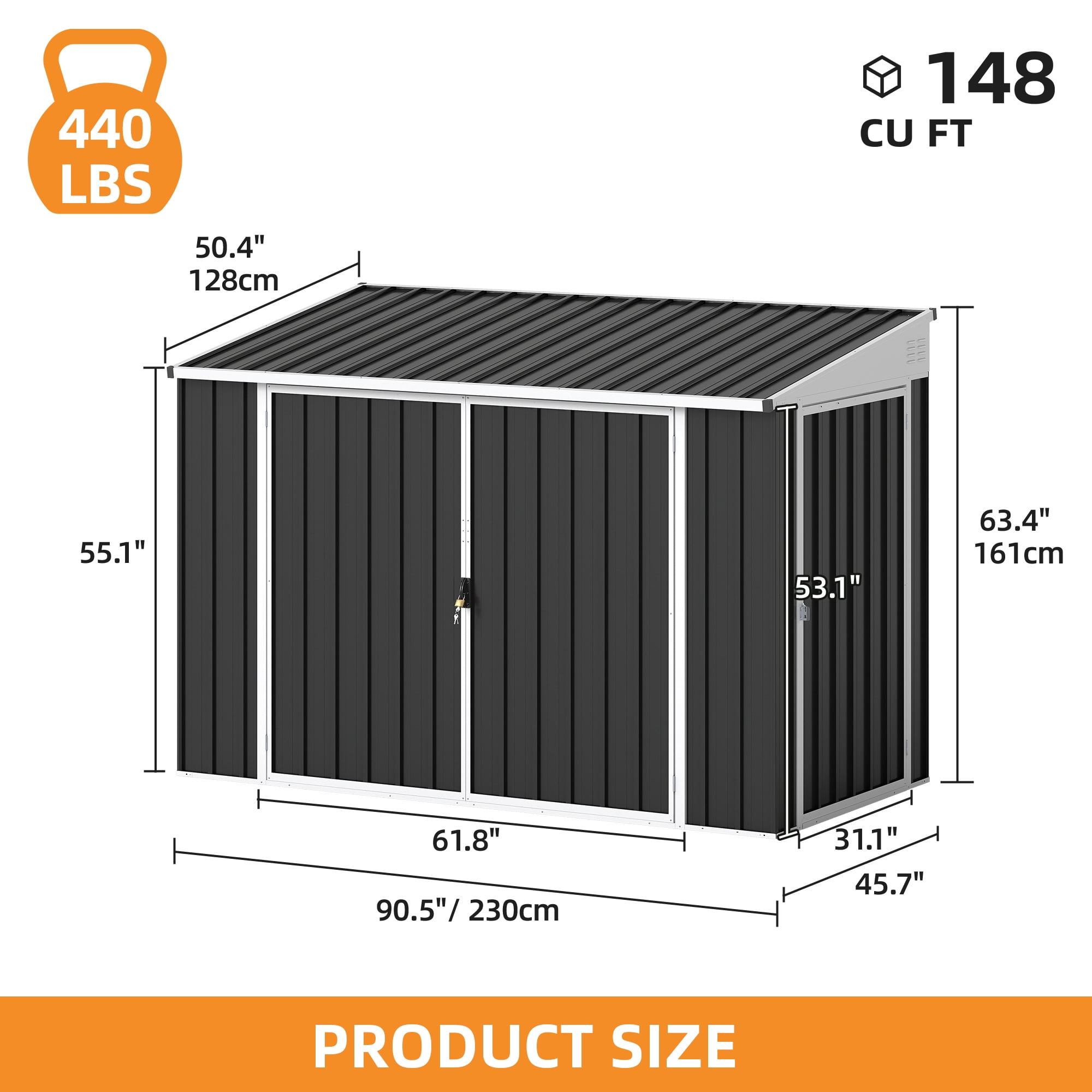 Uforic 7' x 4' Metal Outdoor Storage Shed, Weatherproof Bike Shed with Lockable Doors, Garden Storage for Tools, Lawn Equipment & Trash Cans, Dark Gray