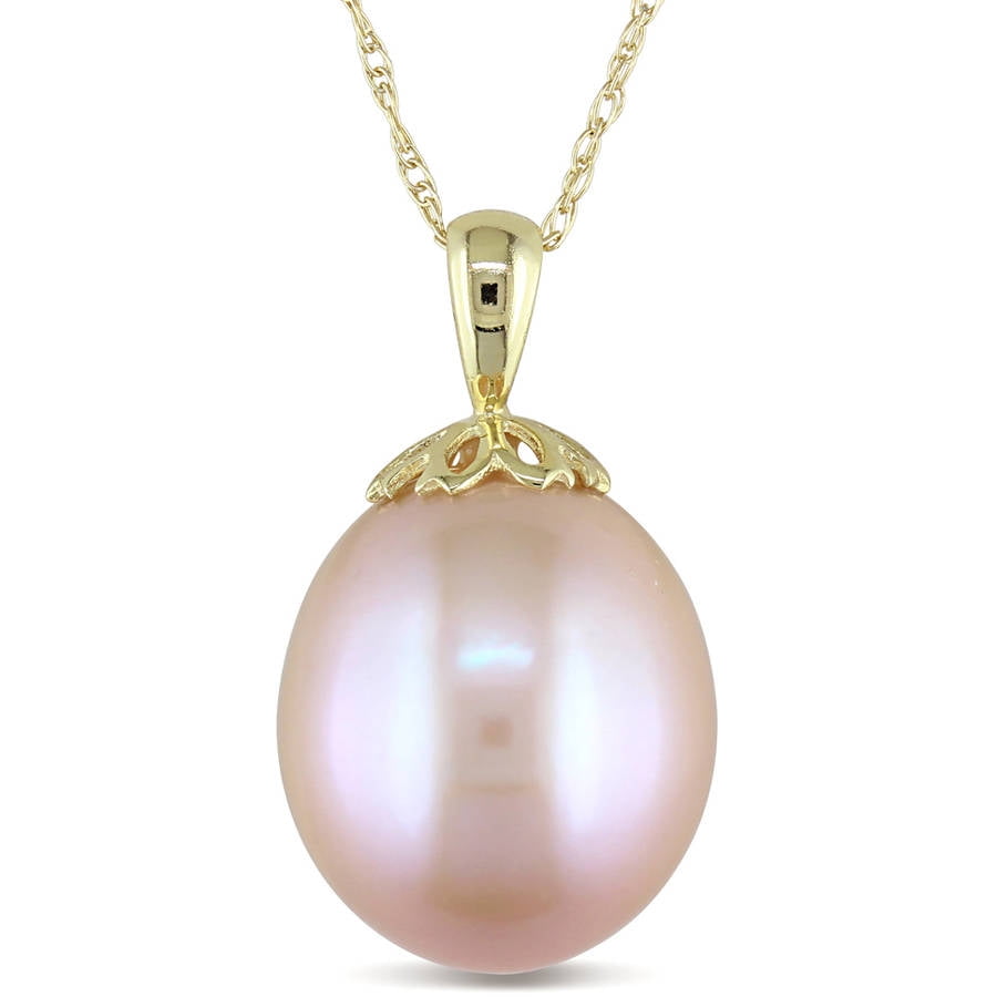 Tangelo 11.5-12mm Pink Cultured Freshwater Pearl 10kt Yellow Gold Strawberry Drop Pendant, 17" by Tangelo