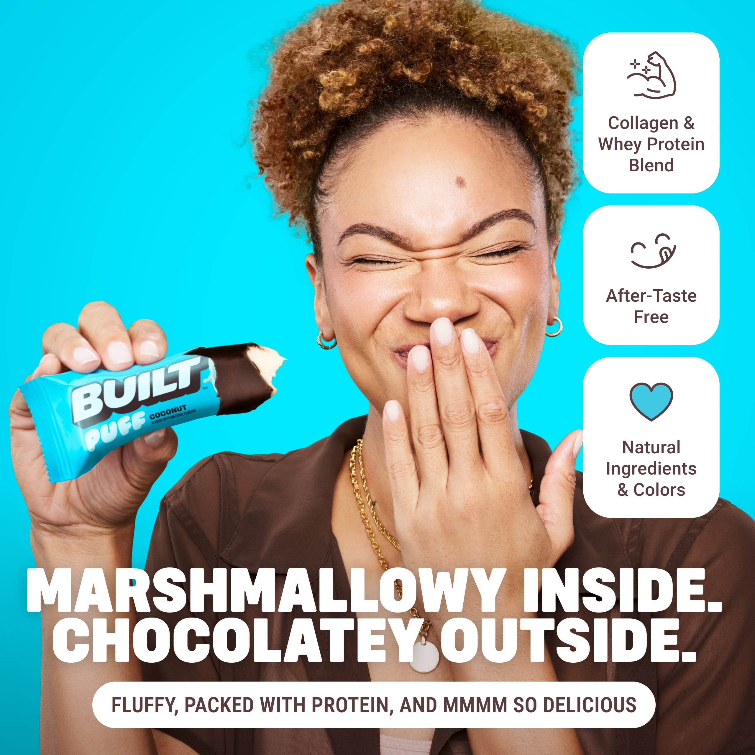 BUILT Puff Protein Bar, Coconut, 17g Protein, Collagen, 140 Calories, 4 Count Box, 1.41 oz Bars