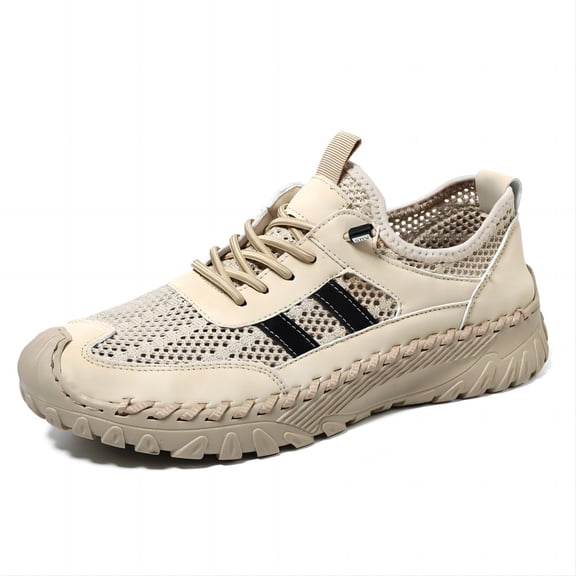 Men's Casual Sneakers Breathable Mesh Lightweight Comfort Non-Slip Leather Loafers Hollow Outdoor Handmade Shoes Beige 10.5 US