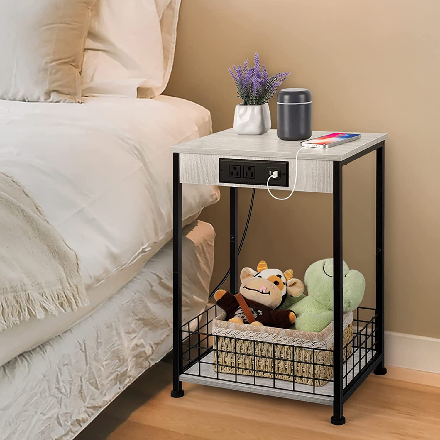 Oumilen Adult 2 Tier Nightstands End Tables with Charging Station and Storage Basket Set of 2, White