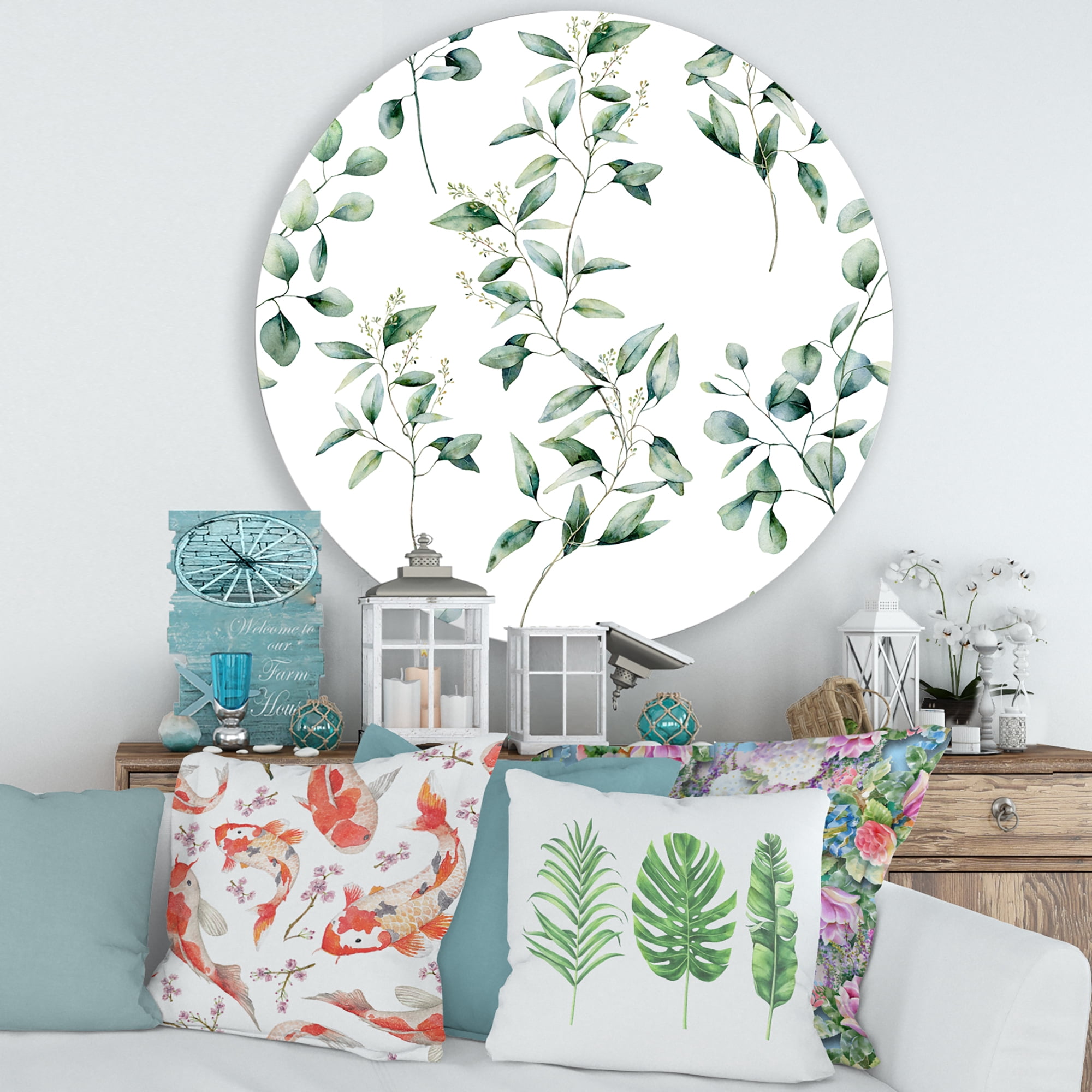 Designart 'Green Eucalyptus Plant Branches IV' Traditional Circle Metal Wall Art 36x36 - Disc of 36