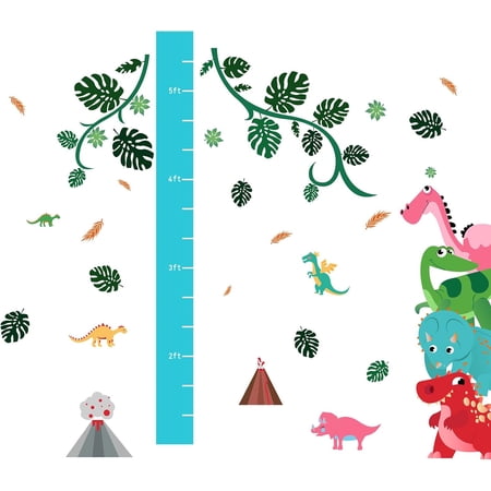 3 Sheets/Set Height Growth Chart Wall Sticker Dinosaur Green Plant Volcano Self-Adhesive Cartoon Height Wall Decal for Play Room Nursery Bedroom Living Room Decor Colorful