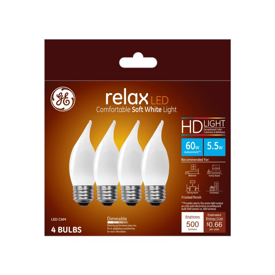 (pack of 4 bulbs) GE 48265 relax LED Decorative Chandelier light bulb, 60 watt equivalent, bent