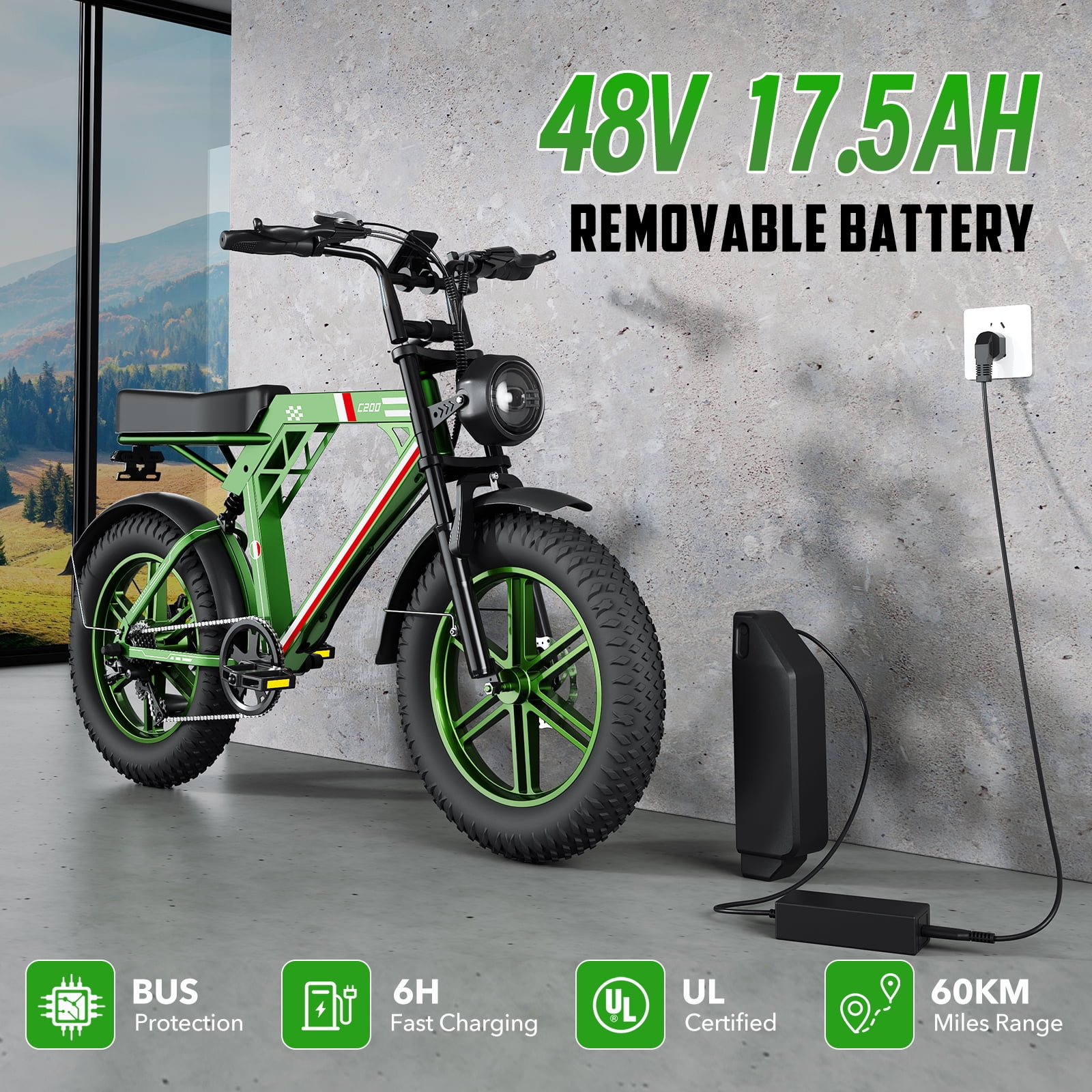 UL2849 Electric Bike for Adults, 1000W Motor, 20"x4" Fat Tire, 48V/17.5AH