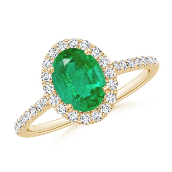 ANGARA Natural Prong-Set Oval 1.1 ct Emerald Halo Ring with Diamonds in 14K Yellow Gold for Women (Size-8x6mm) | May Birthstone, Birthday, Anniversary, Jewelry Gift for Women | Natural Emerald Ring