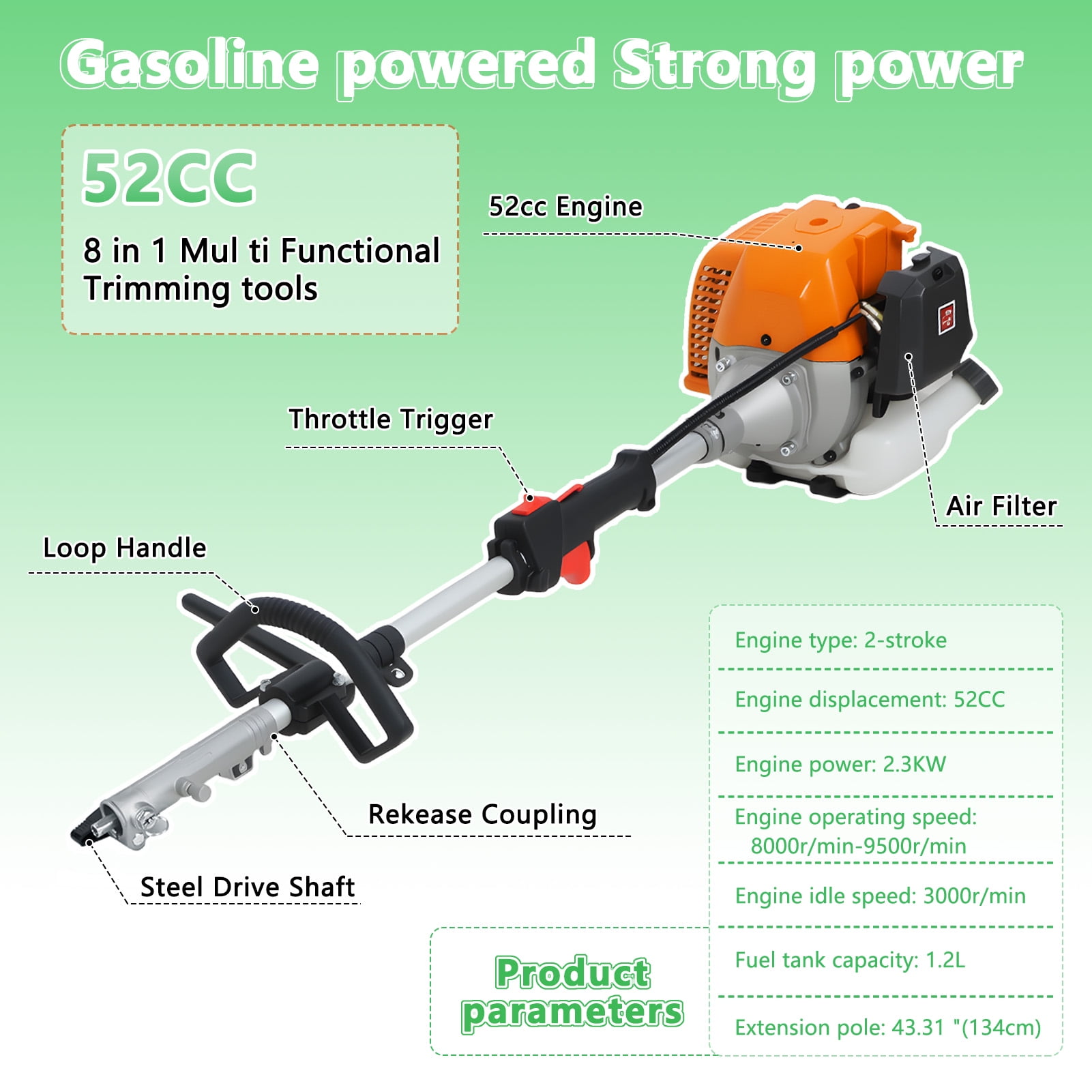 Baellsa 8-in-1 52CC Gas Trimming Tool – Hedge Trimmer, String Trimmer, Pole Saw & Brush Cutter