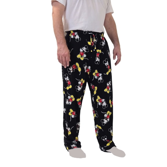Mens Disney's Mickey Mouse Pajama Pants – Fun Novelty Lounge Pants with Pockets, Button Fly, 100% Cotton, Black All-Over Print, Elastic Waist & Drawstring