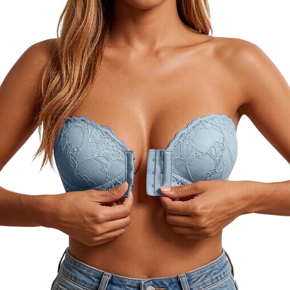 QHFBli Women Lace Front Closure Strapless Bras, Wireless Lift Push Up Adjust Bra, Anti-Slip Side Support All Match Wedding Bandeau Underwear Blue M
